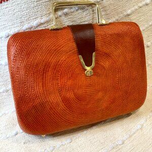 Vintage Wicker Rattan Woven Box Case Handbag Purse Bag With Metal Handles